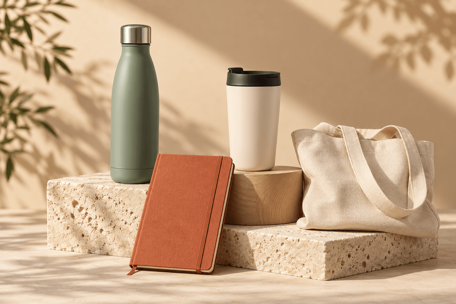 Composição ilustrativa de garrafa, copo, caderno e ecobag, gerada por IA